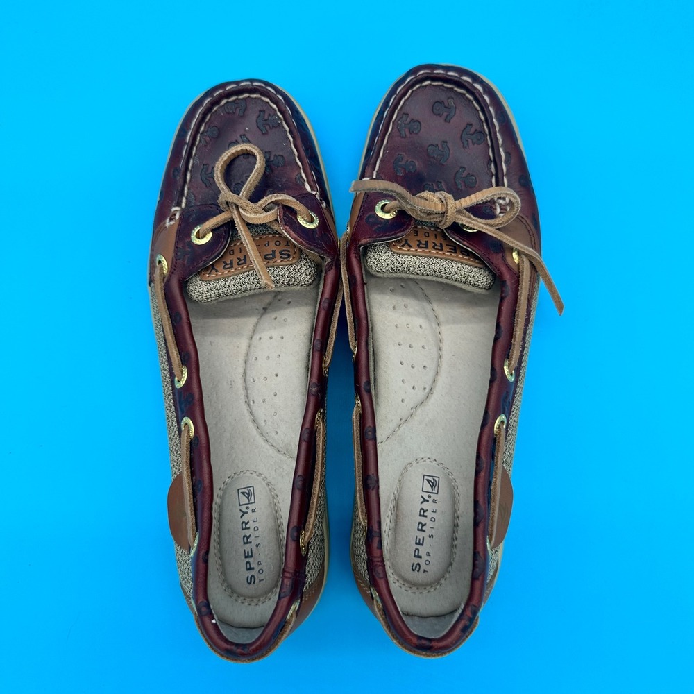 Sperry Top-Sider Womens Boat Shoes Burgundy‎ Leather Mesh Anchor Embossed Sz7